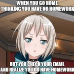 Moca Aoba intensifes | WHEN YOU GO HOME THINKING YOU HAVE NO HOMEWORK; BUT YOU CHECK YOUR EMAIL AND REALIZE YOU DO HAVE HOMEWORK | image tagged in moca aoba intensifes | made w/ Imgflip meme maker