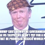 donald trump | TRUMP SHUT DOWN THE GOVERNMENT BECAUSE US TAXPAYERS WON'T PAY FOR A BORDER WALL THAT HE PROMISED MEXICO WOULD PAY FOR | image tagged in donald trump,scumbag | made w/ Imgflip meme maker