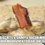 Biscuits with Bacon Gravy | IF BISCUITS & GRAVY & BACON WON'T LIGHTEN YOUR MOOD, THEN YOU ARE ONE SOUR SOB!!! | image tagged in biscuits with bacon gravy | made w/ Imgflip meme maker