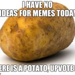 Some days it's like this, but I've submitted worse and gotten better | I HAVE NO IDEAS FOR MEMES TODAY; HERE IS A POTATO, UPVOTE IT | image tagged in i am a potato,brain fart,i have no idea what i am doing,duh | made w/ Imgflip meme maker