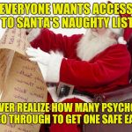 You May Never Survive The Journey | EVERYONE WANTS ACCESS TO SANTA'S NAUGHTY LIST; BUT NEVER REALIZE HOW MANY PSYCHO GIRLS YOU'D GO THROUGH TO GET ONE SAFE EASY GIRL | image tagged in santa list,psycho,easy,naughty list,santa naughty list | made w/ Imgflip meme maker