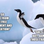 flying penguin | "I FEEL SO FREE! FREE FROM STRESS! FREE FROM JUDGMENT AND OBJECTIFICATION!"; "SHE'S AN IDIOT, BUT, DAMN, LOOK AT THOSE TAIL FEATHERS!" | image tagged in flying penguin | made w/ Imgflip meme maker