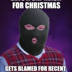 Bad Luck Present | GETS A SKI-MASK FOR CHRISTMAS GETS BLAMED FOR RECENT STRING OF BANK ROBBERIES | image tagged in bad luck brian headless,funny memes,christmas presents,happy holidays,christmas | made w/ Imgflip meme maker
