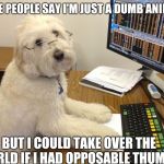 Stock Broker Dog | SOME PEOPLE SAY I'M JUST A DUMB ANIMAL; BUT I COULD TAKE OVER THE WORLD IF I HAD OPPOSABLE THUMBS | image tagged in stock broker dog | made w/ Imgflip meme maker