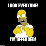 I’m offended! | LOOK EVERYONE! I’M OFFENDED! | image tagged in homer simpson retarded,offended,virtue signalling | made w/ Imgflip meme maker