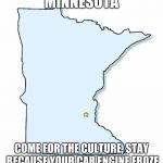 Minnesota Outline | MINNESOTA; COME FOR THE CULTURE, STAY BECAUSE YOUR CAR ENGINE FROZE | image tagged in minnesota outline | made w/ Imgflip meme maker