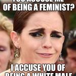 Und I accuse Emma of being a liberal shieße | YOU ACCUSE ME OF BEING A FEMINIST? I ACCUSE YOU OF BEING A WHITE MALE | image tagged in smug emma watson,memes,liberals,sjw | made w/ Imgflip meme maker