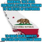 California | WARNING:
THIS AREA CONTAINS A CHEMICAL KNOWN TO THE STATE OF CALIFORNIA; TO CAUSE BIRTH DEFECTS OR OTHER REPRODUCTIVE HARM | image tagged in california | made w/ Imgflip meme maker