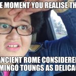 Flamingo Toungs | THE MOMENT YOU REALISE THAT; ANCIENT ROME CONSIDERED FLAMINGO TOUNGS AS DELICACIES | image tagged in glammer girl | made w/ Imgflip meme maker
