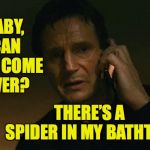 How I test for true love. | BABY, CAN YOU COME OVER? THERE’S A SPIDER IN MY BATHTUB. | image tagged in liam neeson phone call,memes,spider,true love | made w/ Imgflip meme maker