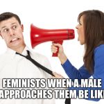 Through my knowledge this is true | FEMINISTS WHEN A MALE APPROACHES THEM BE LIKE | image tagged in yelling shouting,memes,feminist,kiss my ass | made w/ Imgflip meme maker