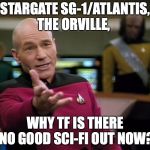 Captain Picard WTF! | STARGATE SG-1/ATLANTIS, THE ORVILLE, WHY TF IS THERE NO GOOD SCI-FI OUT NOW? | image tagged in captain picard wtf | made w/ Imgflip meme maker