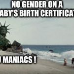 Another year , another stupid law | NO GENDER ON A BABY'S BIRTH CERTIFICATE YOU MANIACS ! | image tagged in charlton heston planet of the apes,gender identity,obvious,child abuse,stop it | made w/ Imgflip meme maker