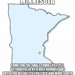 Minnesota Outline | MINNESOTA; COME FOR THE SMALL TOWN LIFESTYLE, GET RIDICULED BY A HOLE NORWEGIANS UNTIL YOU DECIDE IT'S TOO COLD AND MOVE SOUTH | image tagged in minnesota outline | made w/ Imgflip meme maker