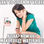 Pretty Girl On Toilet | I WANT TO STEAM MY VAJAYJAY; ALEXA? HOW DO I MAKE TOILET WATER HOT? | image tagged in pretty girl on toilet | made w/ Imgflip meme maker