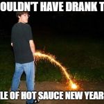 burns when you pee | I SHOULDN'T HAVE DRANK THAT; BOTTLE OF HOT SAUCE NEW YEARS EVE | image tagged in burns when you pee | made w/ Imgflip meme maker