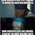 Bird box | HOW ORDERFILLERS FEEL COMING TO WORK ON HIGH VOLUME DAYS. HOW ORDERFILLERS ARE DURING STARTUP ON HIGH VOLUME DAYS. | image tagged in bird box | made w/ Imgflip meme maker