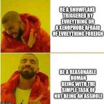 Nah yeah | BE A SNOWFLAKE TRIGGERED BY EVREYTHING OR A
XENOPHOBE AFRAID OF EVREYTHING FOREIGN; BE A REASONABLE HUMAN BEING WITH THE SIMPLE TASK OF NOT BEING AN ASSHOLE | image tagged in nah yeah | made w/ Imgflip meme maker