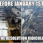 crowd size inauguration comparison | GYM BEFORE JANUARY 1ST (LEFT); (RIGHT) THE RESOLUTION RIDICULOUSNESS | image tagged in crowd size inauguration comparison | made w/ Imgflip meme maker