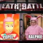 Iconic characters in bunny suits battle it out | RALPHIE; POPEE | image tagged in death battle,popee the performer,a christmas story,ralphie | made w/ Imgflip meme maker