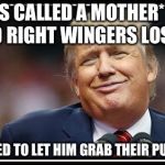 Frump A Trump | WAS CALLED A MOTHER****** AND RIGHT WINGERS LOST IT; OFFERED TO LET HIM GRAB THEIR PUSSIES | image tagged in frump a trump | made w/ Imgflip meme maker