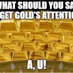 gold | WHAT SHOULD YOU SAY TO GET GOLD'S ATTENTION? A, U! | image tagged in gold | made w/ Imgflip meme maker