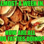Junk Food | ALMOST A WEEK IN... HOW ARE ALL YOU FATTIES DOING? | image tagged in junk food | made w/ Imgflip meme maker