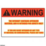 Warning Label | THE INTERNET CONTAINS OFFENSIVE MATERIAL AND IS INTENDED FOR ADULTS ONLY! IF YOU ARE EASILY OFFENDED BY ANY TYPE OF MATERIAL OR CONVERSATION, PLEASE EXIT NOW! | image tagged in warning label | made w/ Imgflip meme maker