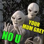 Probing the depths ?!? | YOUR MUM GREY; NO U | image tagged in aliens,grey aliens,your mum gay,no u,childish,funny | made w/ Imgflip meme maker