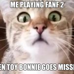 terrified cat | ME PLAYING FANF 2; THEN TOY BONNIE GOES MISSING | image tagged in terrified cat | made w/ Imgflip meme maker