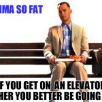 I have not heard a good yo momma joke for a month.until now. | YO MOMMA SO FAT; IF YOU GET ON  AN ELEVATOR WITH HER YOU BETTER BE GOING DOWN. | image tagged in momma said,fat mommas,forrest gump,meme this | made w/ Imgflip meme maker