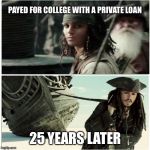 taken splitscreen | PAYED FOR COLLEGE WITH A PRIVATE LOAN; 25 YEARS LATER | image tagged in taken splitscreen | made w/ Imgflip meme maker