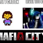 Yes | LEVEL 1 CROOK; LEVEL 100 BOSS | image tagged in mafia city,undertale | made w/ Imgflip meme maker
