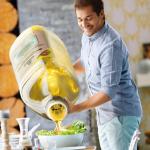Guy pouring olive oil on the salad meme