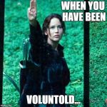 Hunger games | WHEN YOU HAVE BEEN; VOLUNTOLD... | image tagged in hunger games | made w/ Imgflip meme maker