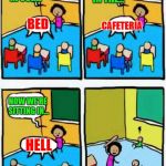 So close... | WE GO TO SLEEP IN OUR... BED WE EAT LUNCH IN THE... CAFETERIA NOW WE'RE SITTING IN... HELL | image tagged in teaching,memes,classroom,kids are too smart,funny | made w/ Imgflip meme maker