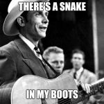 hank williams | THERE'S A SNAKE; IN MY BOOTS | image tagged in hank williams | made w/ Imgflip meme maker