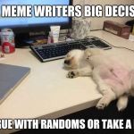 writing meme's, the struggle is real | THE MEME WRITERS BIG DECISION; ARGUE WITH RANDOMS OR TAKE A NAP | image tagged in napping,nap,memes,sleep heals | made w/ Imgflip meme maker