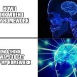 Expanding brain 2 tiles | HOW I THINK WHEN I DO MY HOMEWORK HOW I THINK OF WAYS TO GET OUT OF MY HOMEWORK | image tagged in expanding brain 2 tiles | made w/ Imgflip meme maker