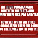 Irish Woman | AN IRISH WOMAN GAVE BIRTH TO TRIPLETS AND NAMED THEM NAT, PAT AND TAT. HOWEVER WHEN SHE TRIED TO BREASTFEED THEM SHE FOUND OUT THERE WAS NO TIT FOR TAT. | image tagged in irish,birth,tit,corny,puns | made w/ Imgflip meme maker