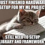 Tired Cat | JUST FINISHED HARDWARE SETUP FOR MY ML PROJECT; STILL NEED TO SETUP LIBRARY AND FRAMEWORK .. | image tagged in tired cat | made w/ Imgflip meme maker