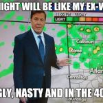 How your weather?  | TONIGHT WILL BE LIKE MY EX-WIFE; UGLY, NASTY AND IN THE 40'S | image tagged in glenn burns weatherman,funny memes,memes | made w/ Imgflip meme maker