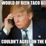 Trump at the phone 1 | IT WOULD OF BEEN TACO BELL; BUT WE COULDN'T AGREE ON THE BORDER | image tagged in trump at the phone 1 | made w/ Imgflip meme maker