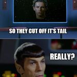 Spock vs Apollo | ONCE UPON A TIME, A CAT WENT TO A DANCE, BUT IT DIDN'T DANCE VERY WELL, SO THEY CUT OFF IT'S TAIL; REALLY? | image tagged in spock vs apollo | made w/ Imgflip meme maker
