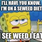 Tough Spongebob | I'LL HAVE YOU KNOW, I'M ON A SEWEED DIET; IF I SEE WEED I EAT IT | image tagged in tough spongebob | made w/ Imgflip meme maker