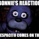 FNAF Bonnie | BONNIE'S REACTION WHEN DESPACITO COMES ON THE RADIO | image tagged in fnaf bonnie | made w/ Imgflip meme maker