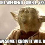 SMELLING YODA | THE WEEKEND I SMELL, YES! AWESOME I KNOW IT WILL BE. | image tagged in smelling yoda | made w/ Imgflip meme maker