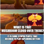 Lion King Bright Headlights | I LOVE WATCHING THE SUNRISE; WHAT IS THAT MUSHROOM CLOUD OVER THERE? IT IS SOME STUPID PEOPLE THAT DECIDED TO PLAY EXPLODING KITTENS; NOW PLEASE CLOSE YOUR MOUTH | image tagged in lion king bright headlights | made w/ Imgflip meme maker