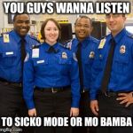 TSA AGENTS | YOU GUYS WANNA LISTEN; TO SICKO MODE OR MO BAMBA | image tagged in tsa agents | made w/ Imgflip meme maker
