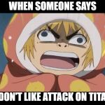 Attack on Titan  | WHEN SOMEONE SAYS; "I DON'T LIKE ATTACK ON TITAN" | image tagged in attack on titan | made w/ Imgflip meme maker
